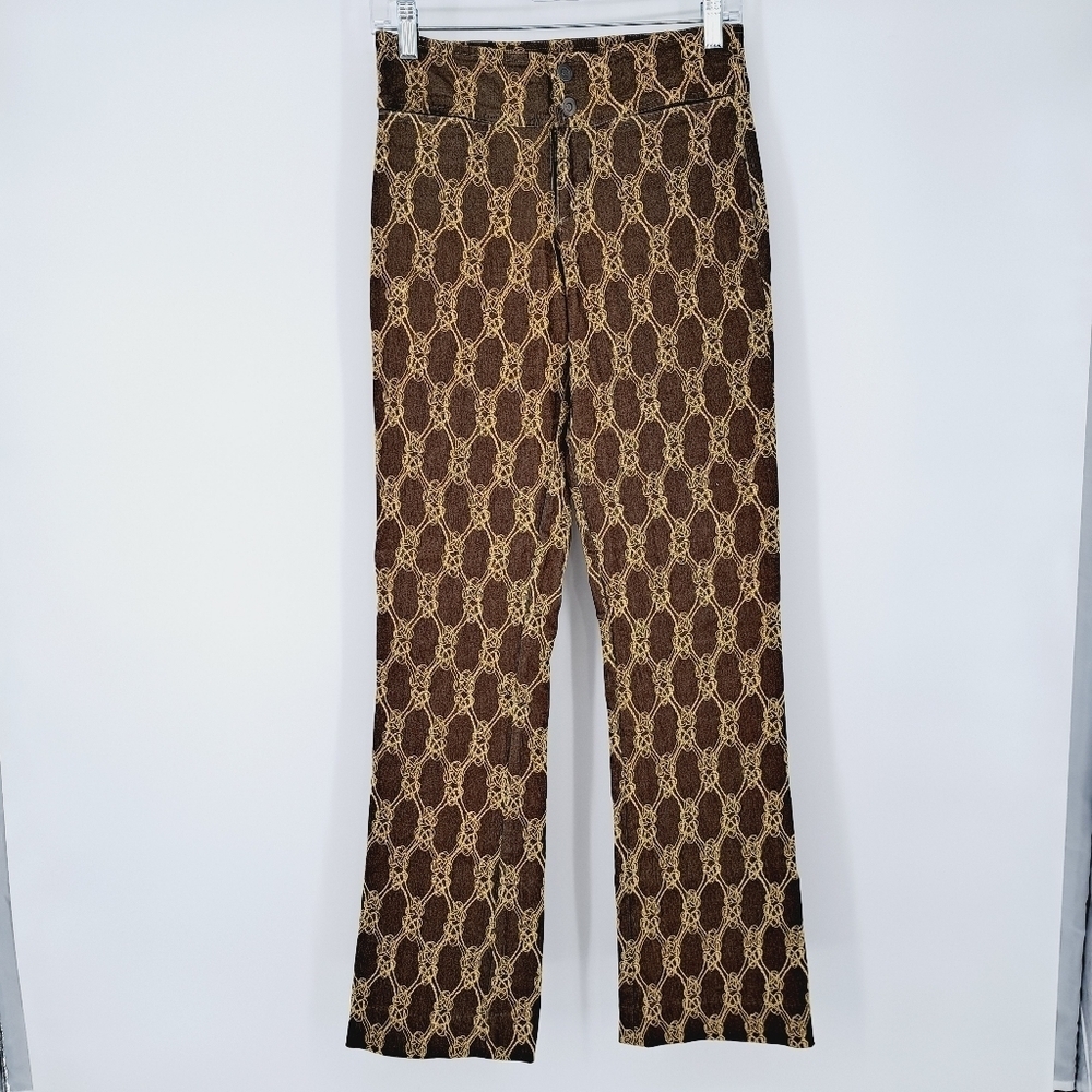 Ohm Brown Taupe Embroidered Boho Wide Straight Leg Trouser Pants‎